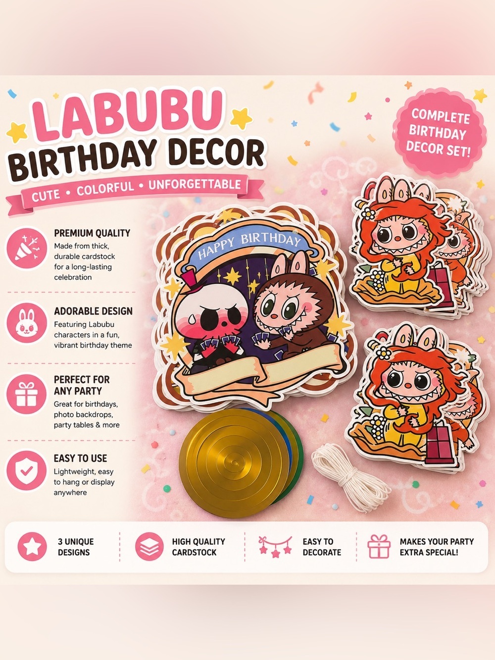 Labubu Birthday Decor Set - Cute Party Decorations